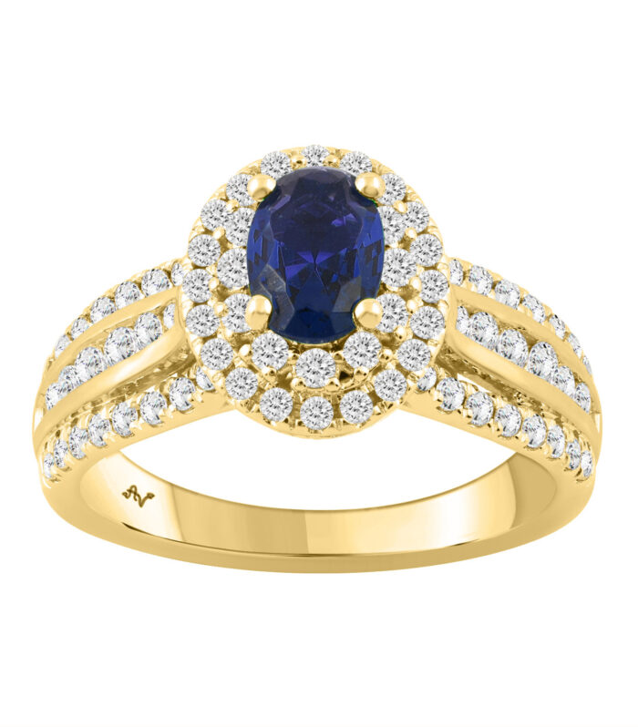 LADIES RING 1.40CT ROUND/BLUE SAPPHIRE OVAL DIAMOND 14K YELLOW GOLD (CENTER STONE 0.62CT BLUE SAPPHIRE OVAL DIAMOND)