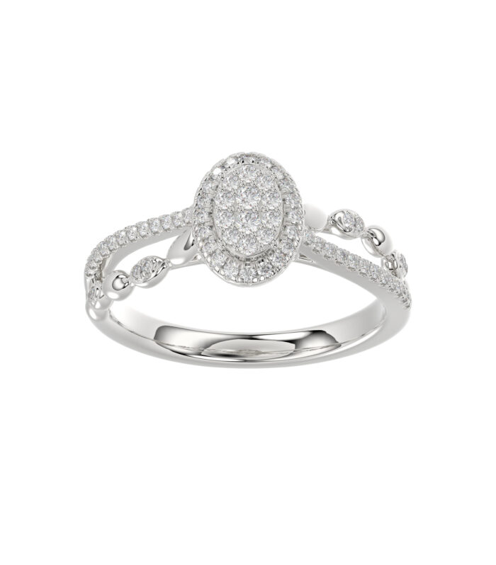 Adies 0.25Ct Round Diamond Sterling Silver White Promise Ring – Halo Oval Design With Split Shank, Elegant Women’S Jewelry