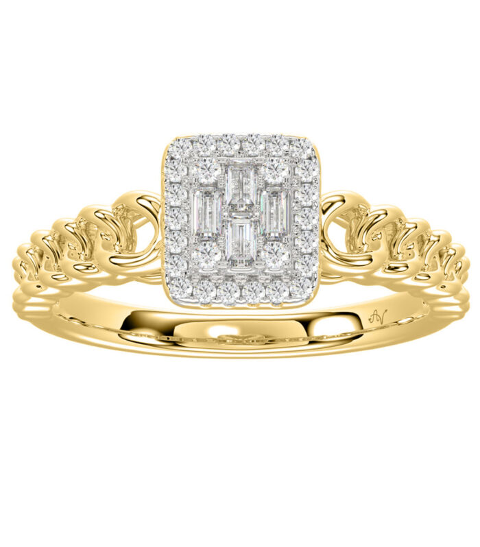 Ladies Halo Engagement Ring 0.20Ct Round & Baguette Diamond 10K Yellow Gold – Elegant Wedding Or Promise Jewelry