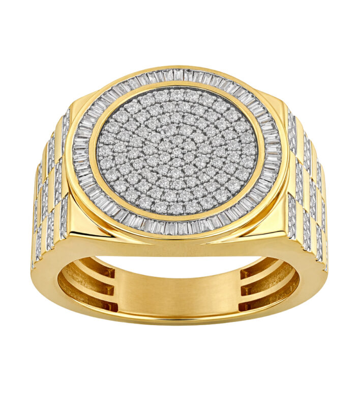 Men’S 1.00Ct Round Diamond Cluster Ring In 10K Yellow Gold With Baguette Halo Ring