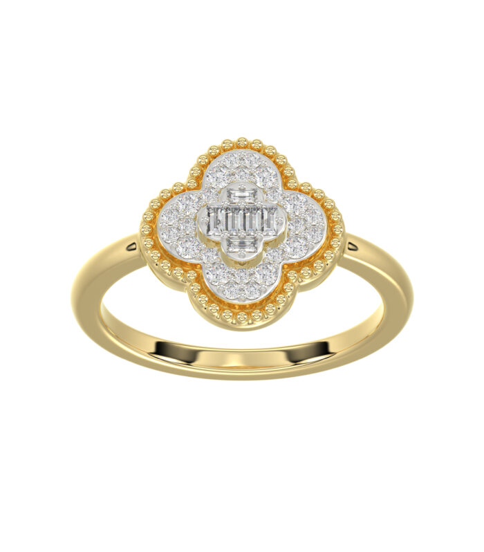 LADIES RING 0.25CT ROUND/BAGUETTE DIAMOND 10K YELLOW GOLD