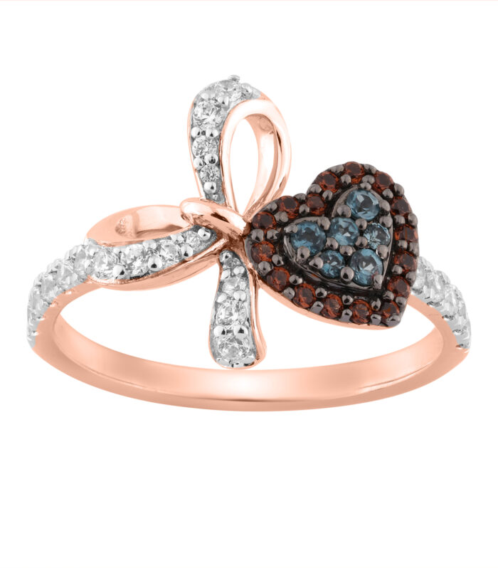 Women’S 14K Rose Gold Round Diamond Ring  0.50Ct Blue & Dark Brown With Heart-Shaped Cluster