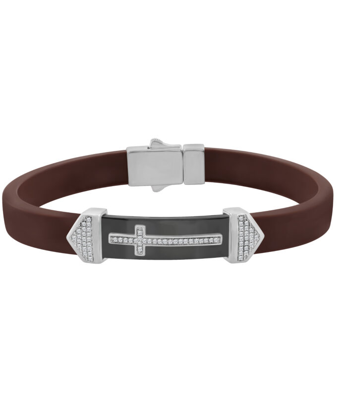 Men’S Sterling Silver White Bracelet With Brown Leather Strap And Central Black Accent – 0.25Ct