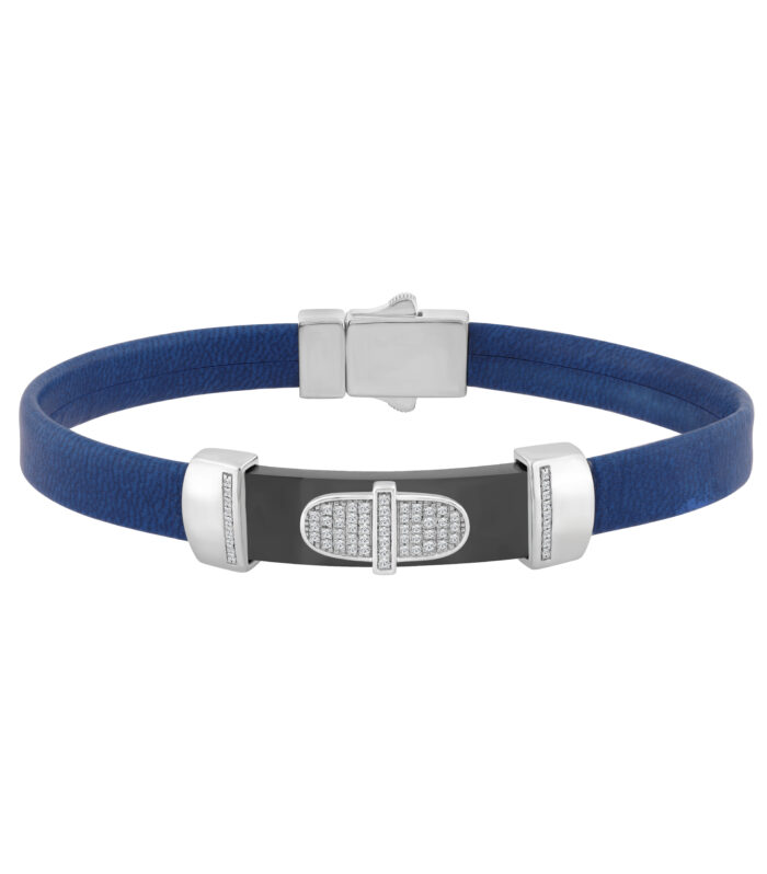 0.25 Ct Round Diamond Men’S Bracelet – Sterling Silver White With Rubber Strap (Blue/Black)