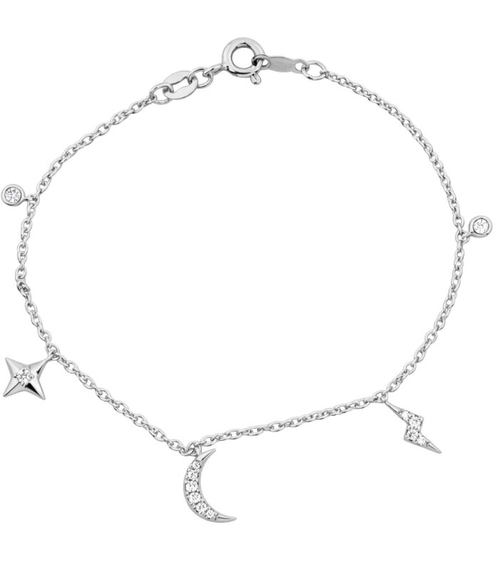 Women’S Sterling Silver White Bracelet – 0.20Ct Round Diamonds, Stars & Moon Design