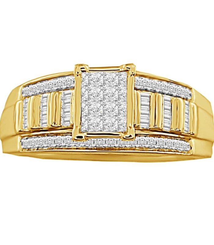 LADIES RING 0.50CT ROUND/BAGUETTE/PRINCESS DIAMOND 10K YELLOW GOLD