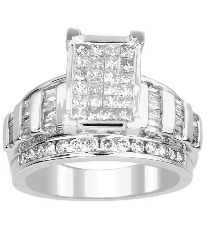 LADIES RING 1.50CT ROUND/PRINCESS/BAGUETTE DIAMOND 10K WHITE GOLD