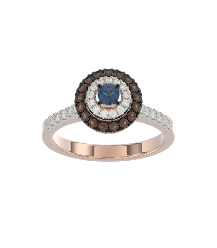 LADIES RING 0.55CT ROUND/ROUND BLUE/DARK BROWN DIAMOND 14K ROSE GOLD