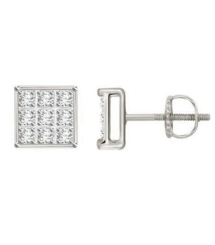 Sterling Silver White 0.05CT Round Diamond Yuva Square Cluster Earrings Women’S Fine Jewelry