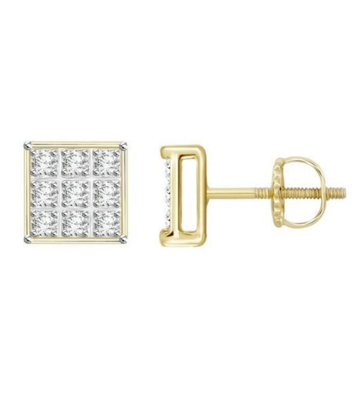 Yellow Gold 0.05Ct Round Diamond 10K Yuva Square Cluster Earrings Women’S Fine Jewelry