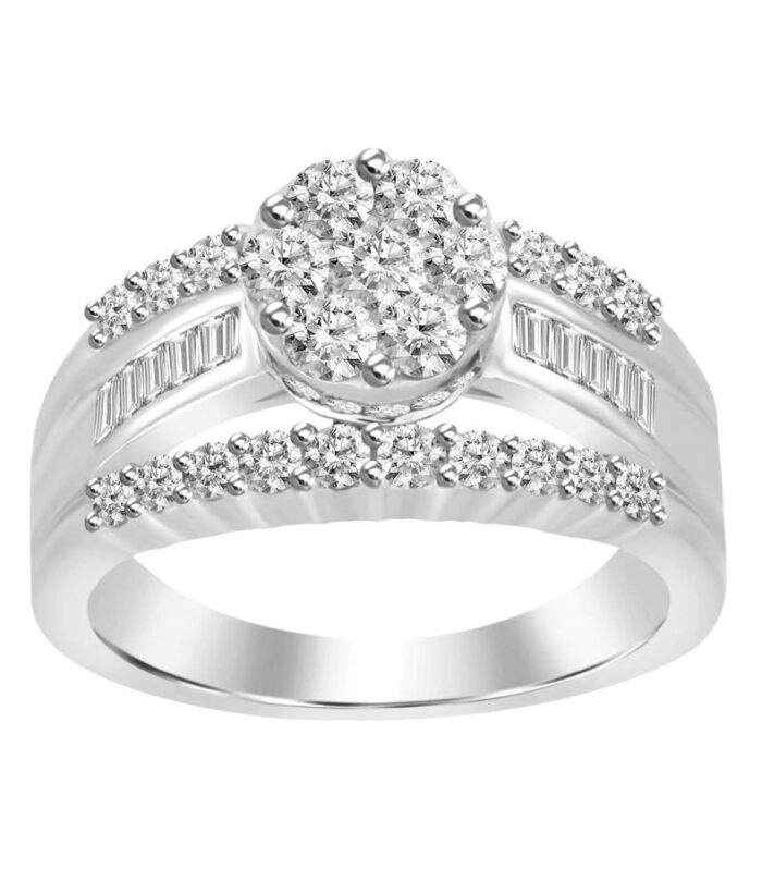 LADIES RING 1.50CT ROUND/BAGUETTE DIAMOND 10K WHITE GOLD