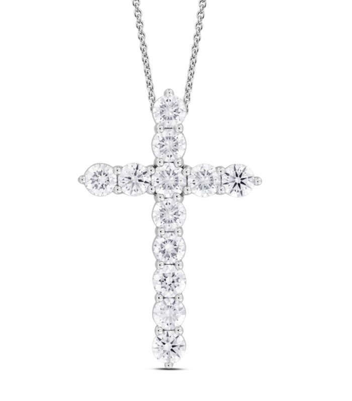 LADIES CROSS PENDANT WITH CHAIN 3CT ROUND DIAMOND 14K WHITE GOLD