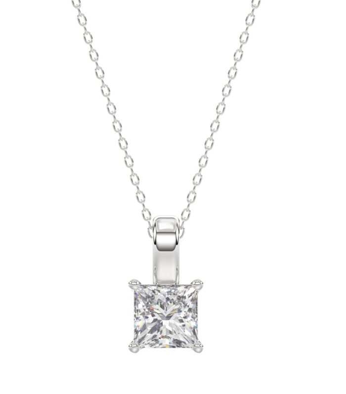 LADIES SOLITAIRE PENDANT WITH CHAIN 2CT PRINCESS DIAMOND 14K WHITE GOLD