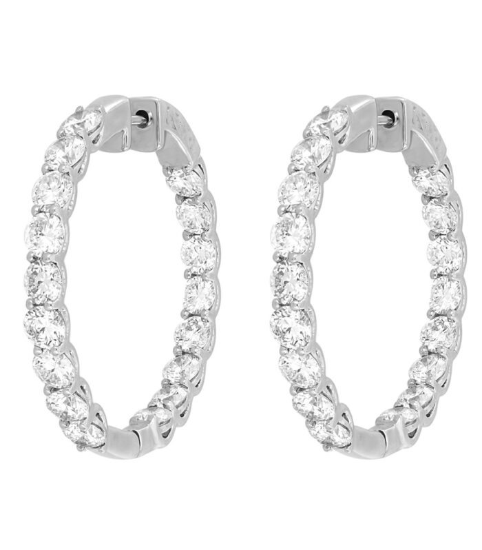 LADIES HOOP EARRINGS 7CT ROUND DIAMOND 14K WHITE GOLD
