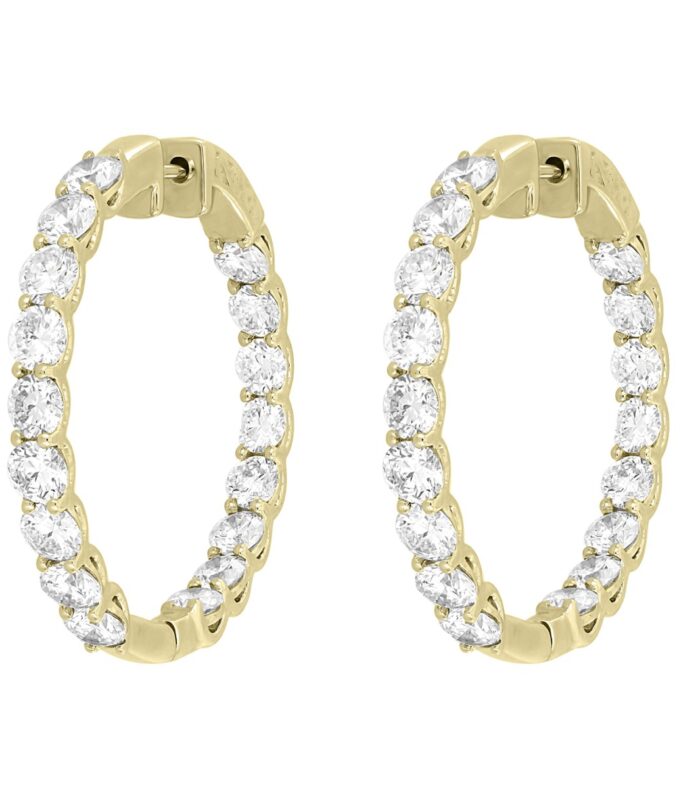 LADIES HOOP EARRINGS 7CT ROUND DIAMOND 14K YELLOW GOLD