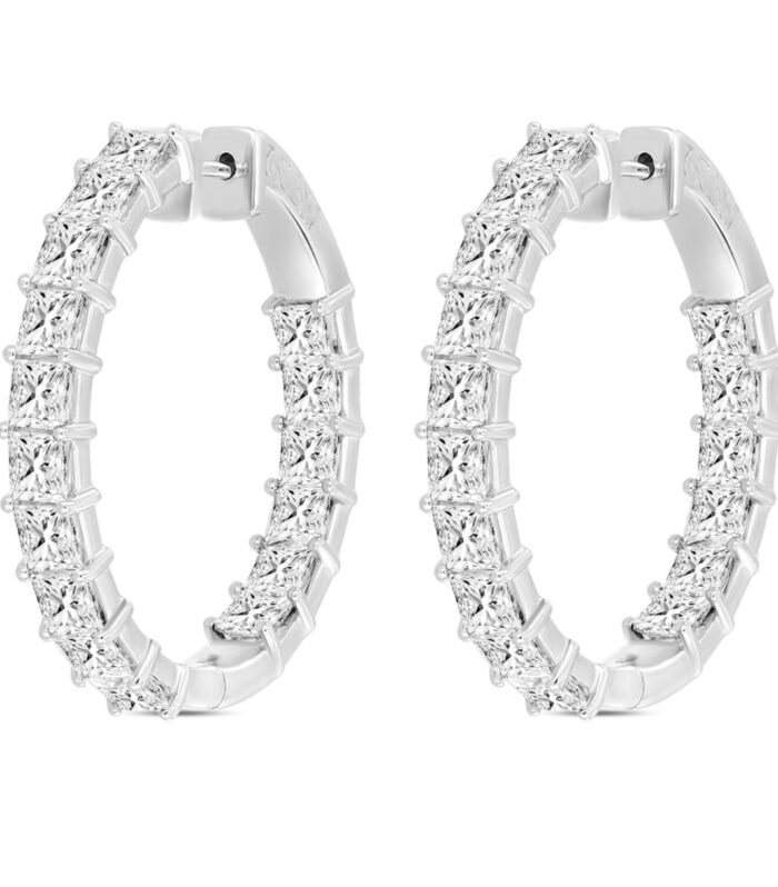 LADIES HOOP EARRINGS 7CT PRINCESS DIAMOND 14K WHITE GOLD