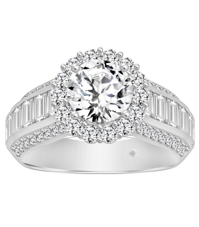 LADIES RING 3 3/4CT ROUND/BAGUETTE DIAMOND 14K WHITE GOLD (CENTER STONE ROUND DIAMOND 1 1/2CT )