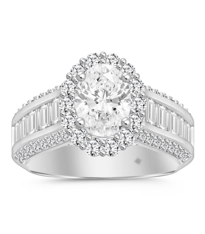 LADIES RING 3 3/4CT ROUND/OVAL/EMERALD DIAMOND 14K WHITE GOLD (CENTER STONE OVAL DIAMOND 1 1/2CT )