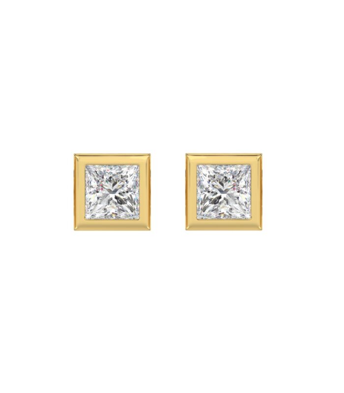 LADIES SOLITAIRE EARRINGS 2CT PRINCESS DIAMOND 14K YELLOW GOLD