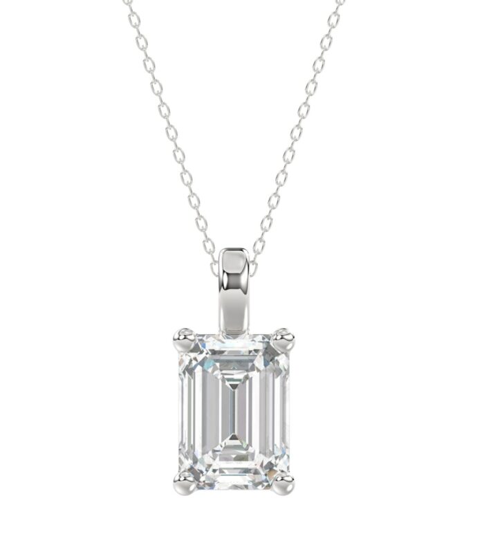 LADIES SOLITAIRE PENDANT WITH CHAIN 4CT EMERALD DIAMOND 14K WHITE GOLD