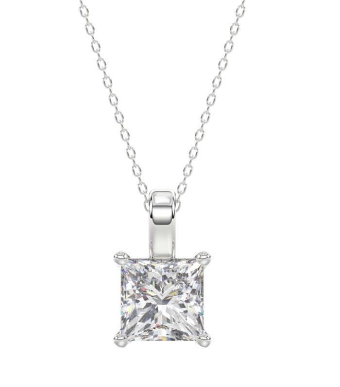 LADIES SOLITAIRE PENDANT WITH CHAIN 4CT PRINCESS DIAMOND 14K WHITE GOLD