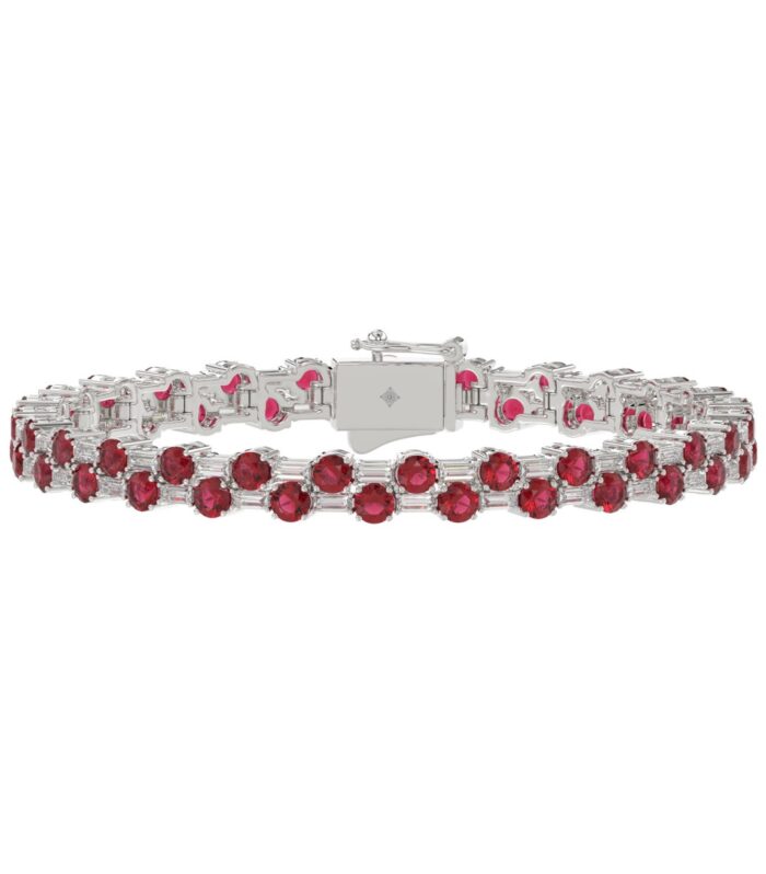 14K WHITE GOLD 9.00CT BAGUETTE/ROUND RUBY DIAMOND LADIES BRACELET (ROUND RUBY 7 3/4CT)