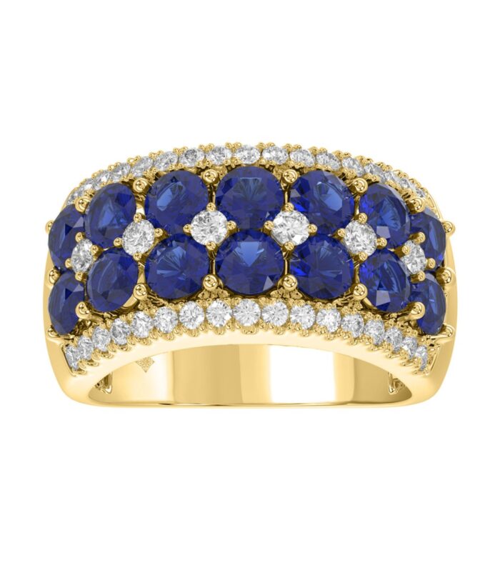 14K YELLOW GOLD 4.00CT ROUND/ROUND BLUE SAPPHIRE DIAMOND LADIES RING