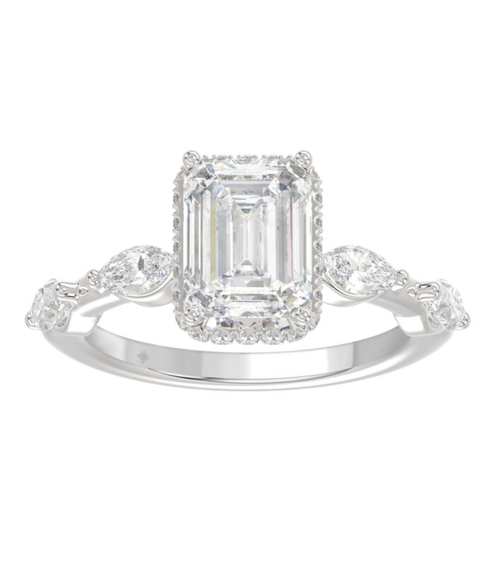 LADIES RING 3 1/2CT ROUND/MARQUISE/EMERALD DIAMOND 14K WHITE GOLD (CENTER STONE EMERALD DIAMOND 3.00CT)
