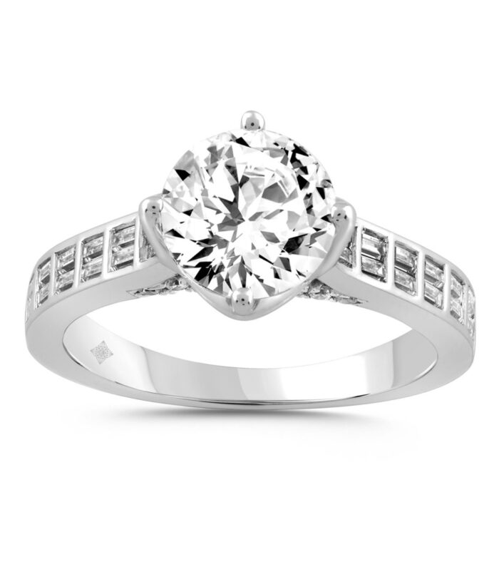 LADIES RING 2 1/2CT ROUND/BAGUETTE DIAMOND 14K WHITE GOLD (CENTER STONE ROUND DIAMOND 2CT )