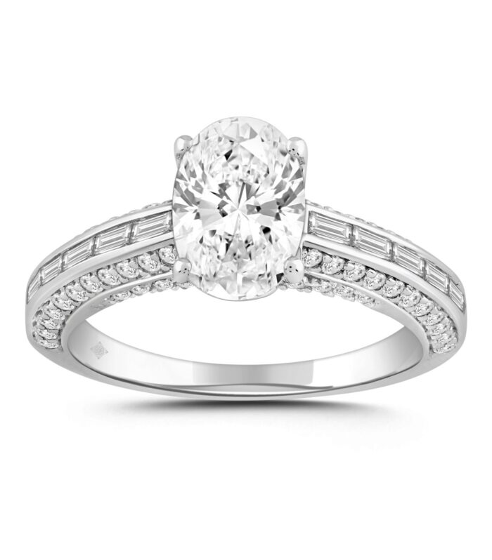 LADIES RING 2 1/2CT ROUND/BAGUETTE/OVAL DIAMOND 14K WHITE GOLD (CENTER STONE OVAL DIAMOND 2.00CT)