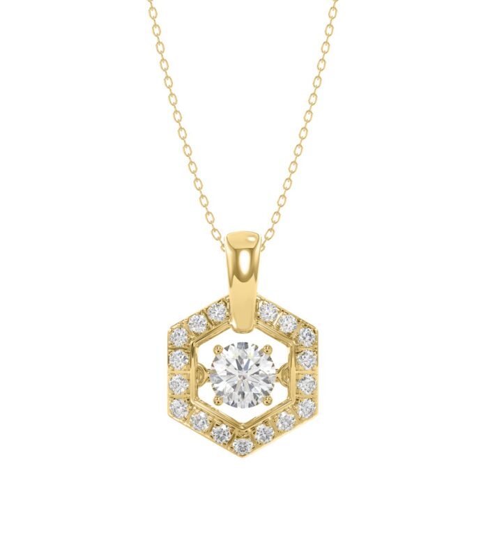 LADIES DANCING DIAMOND PENDANT WITH CHAIN 1/2CT ROUND DIAMOND 14K YELLOW GOLD (CENTER STONE ROUND DIAMOND 1/3CT)