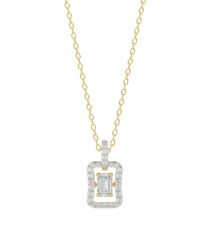 LADIES DANCING DIAMOND PENDANT WITH CHAIN 3/4CT ROUND/EMERALD DIAMOND 14K YELLOW GOLD (CENTER STONE EMERALD DIAMOND 1/2CT)