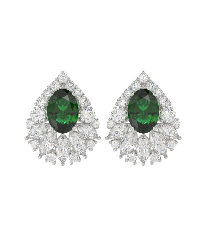 LADIES EARRINGS 4 1/2CT ROUND/MARQUISE/OVAL DIAMOND 14K WHITE GOLD (CENTER STONE GREEN EMERALD OVAL DIAMOND 2 1/2CT)