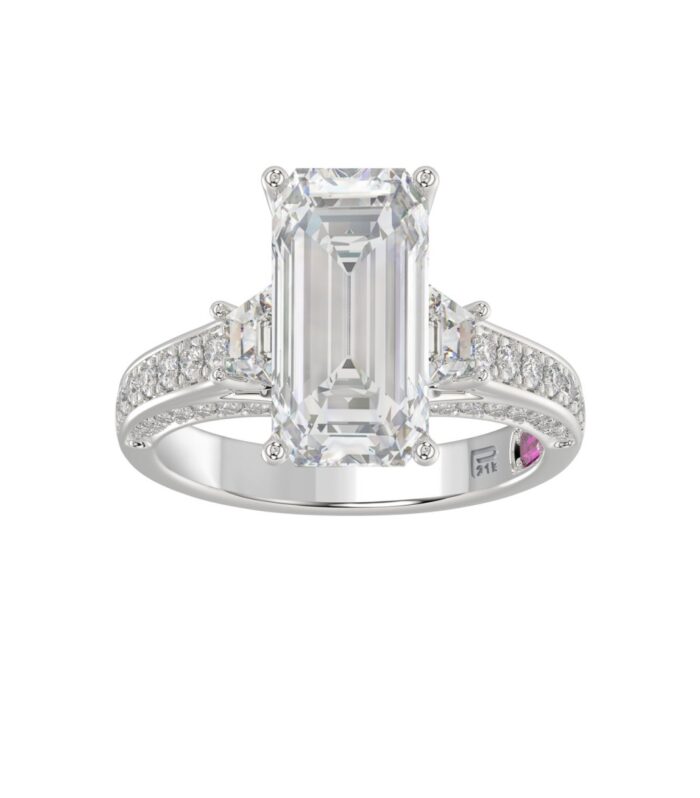 21K PLATINUM LADIES RING WITH 4.00CT ROUND/EMERALD/BAGUETTE DIAMONDS (CENTER STONE EMERALD DIAMOND 3CT)