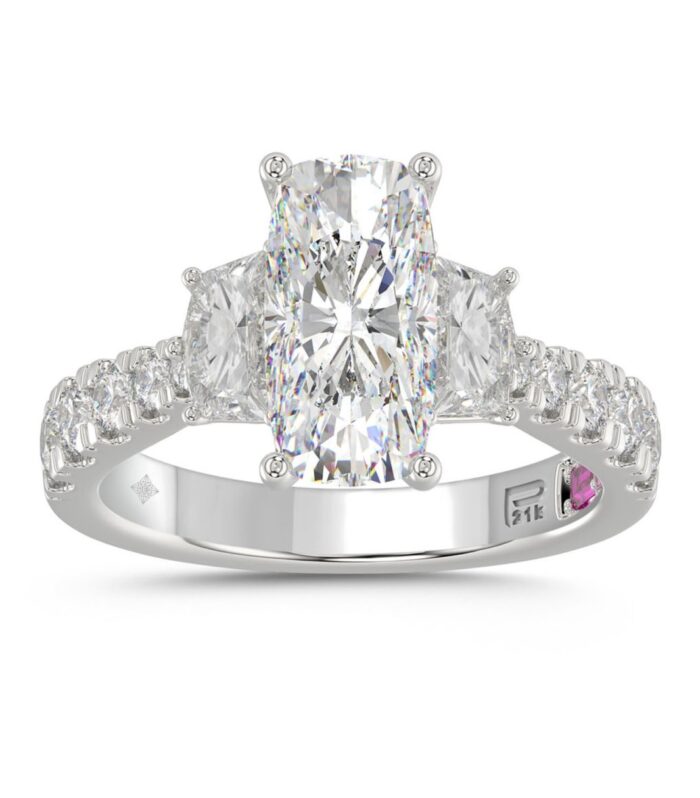 21K PLATINUM LADIES RING WITH 3 1/3CT ROUND/CUSHION/BAGUETTE DIAMONDS (CENTER STONE CUSHION DIAMOND 2CT)