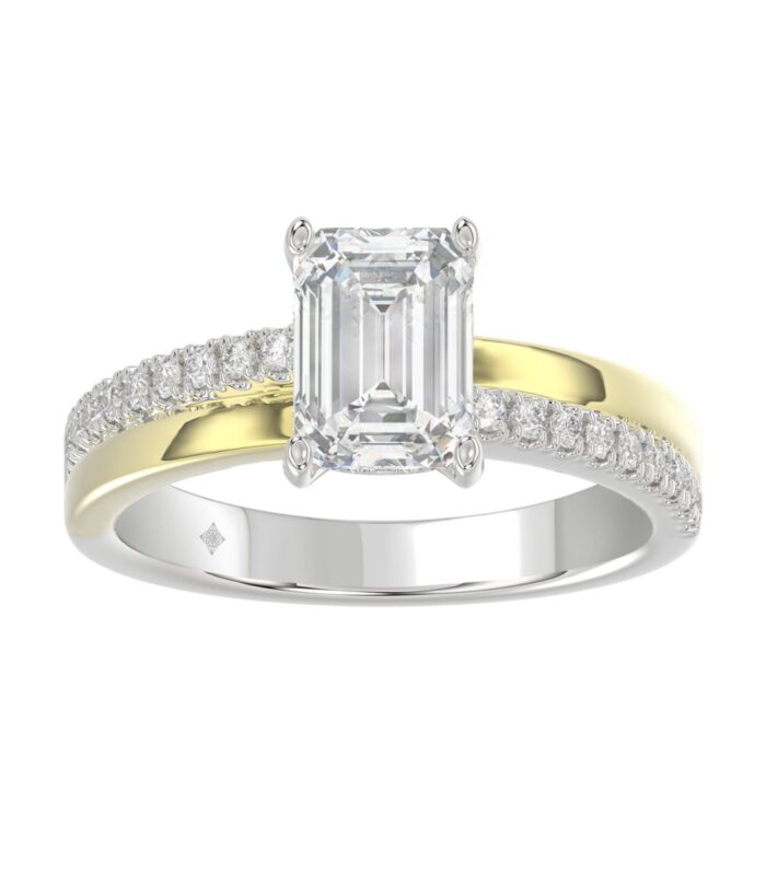 14K WHITE/YELLOW GOLD 2 1/4CT ROUND/EMERALD CUT DIAMOND LADIES RING (CENTER STONE EMERALD CUT DIAMOND 2CT)