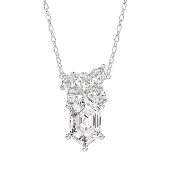 14K WHITE GOLD 1.00CT ROUND/MARQUISE/PEAR/LONG HEXAGON STEP CUT LADIES NECKLACE