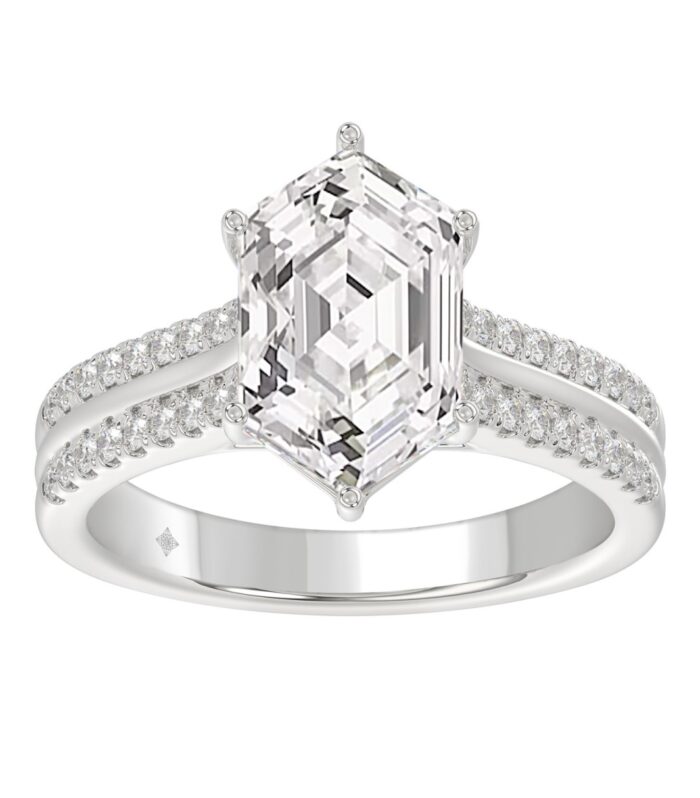 14K WHITE GOLD 3 1/4CT ROUND/HEXAGON DIAMOND LADIES RING (CENTER STONE HEXAGON STEP CUT DIAMOND 3CT