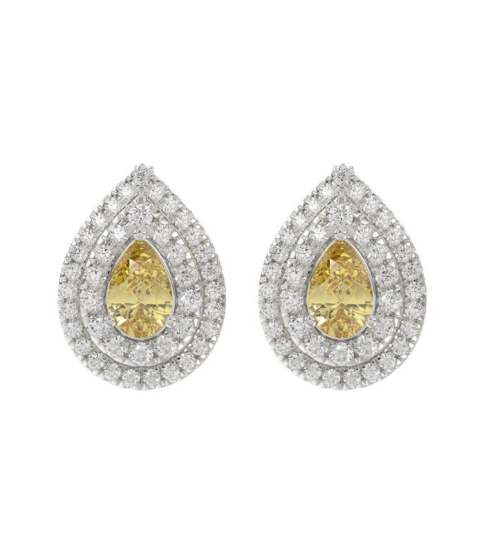 14K WHITE GOLD CRAFTED WITH 18K YELLOW GOLD BACK PLATE 3 1/4CT ROUND/YELLOW PEAR DIAMOND LADIES EARRINGS