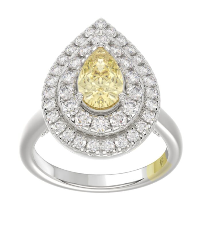 14K WHITE GOLD CRAFTED WITH 18K YELLOW GOLD SHANK  2 1/2CT ROUND/YELLOW PEAR DIAMOND LADIES RING