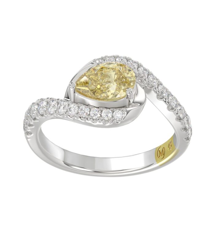 14K WHITE GOLD CRAFTED WITH 18K YELLOW GOLD SHANK  1 1/2CT ROUND/YELLOW PEAR DIAMOND LADIES RING