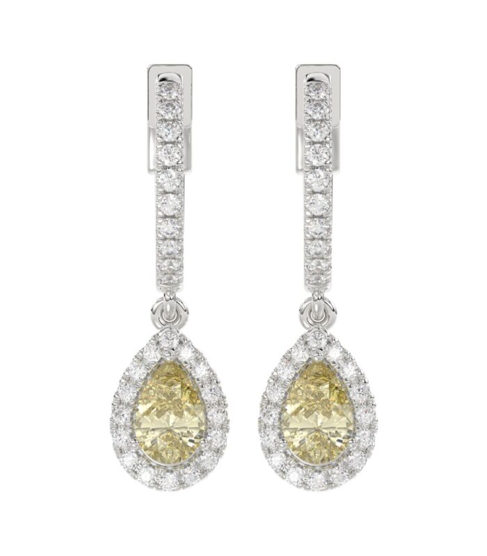 14K WHITE GOLD CRAFTED WITH 18K YELLOW GOLD BACK PLATE 1 1/2CT ROUND/YELLOW PEAR  DIAMOND LADIES EARRINGS
