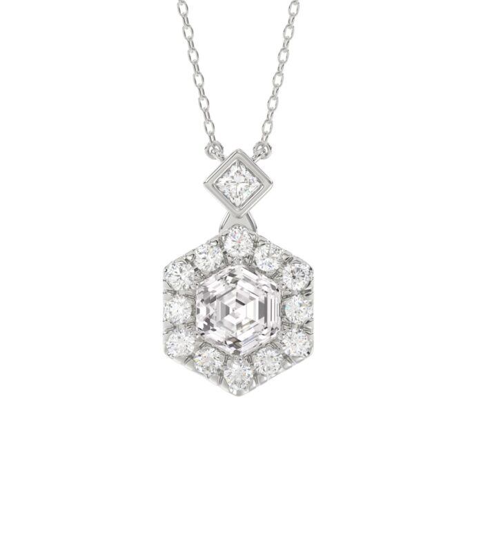 14K WHITE GOLD 1 1/2CT ROUND/HEXAGON DIAMOND LADIES PENDANT