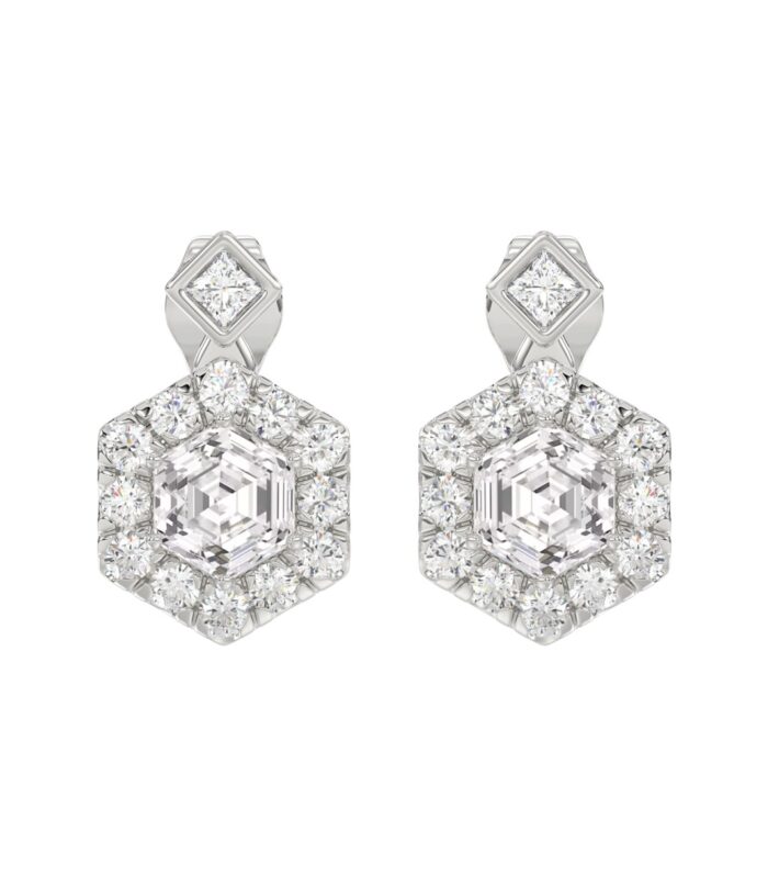 14KWHITE GOLD 2 1/4CT ROUND/HEXAGON STEP CUT DIAMOND LADIES EARRINGS