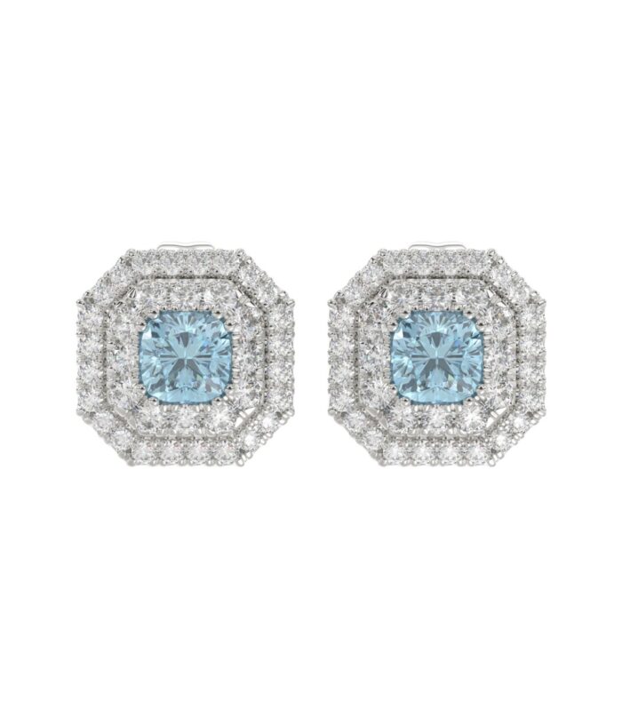 14K WHITE GOLD CRAFTED WITH 18K YELLOW GOLD BACK PLATE 1 1/2CT ROUND/BLUE CUSHION DIAMOND LADIES EARRINGS
