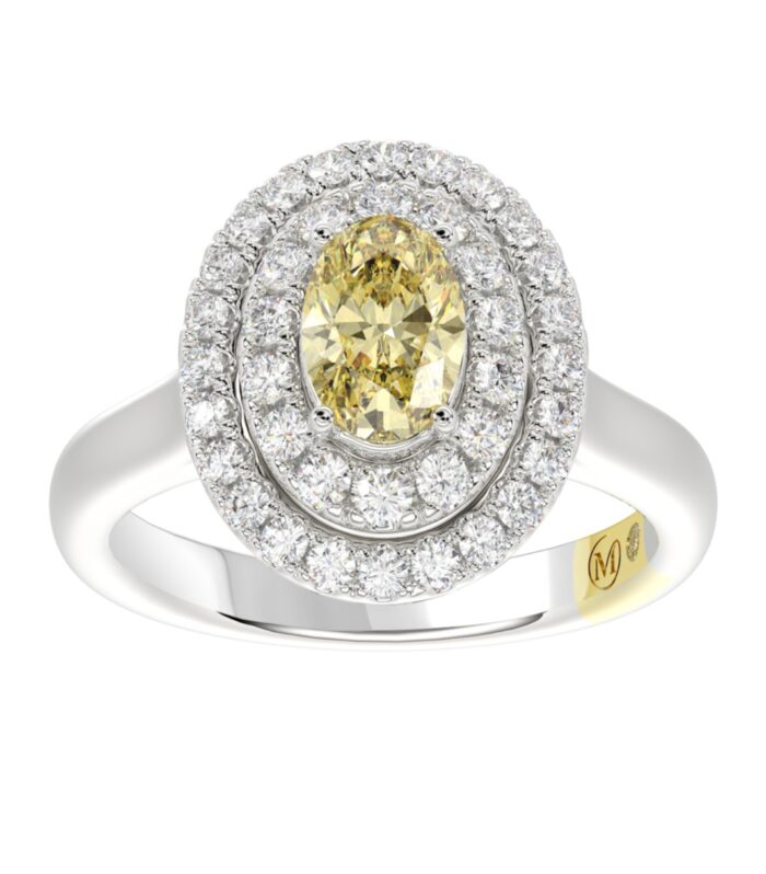 14K WHITE GOLD CRAFTED WITH 18K YELLOW GOLD SHANK  1 1/2CT ROUND/YELLOW OVAL DIAMOND LADIES RING