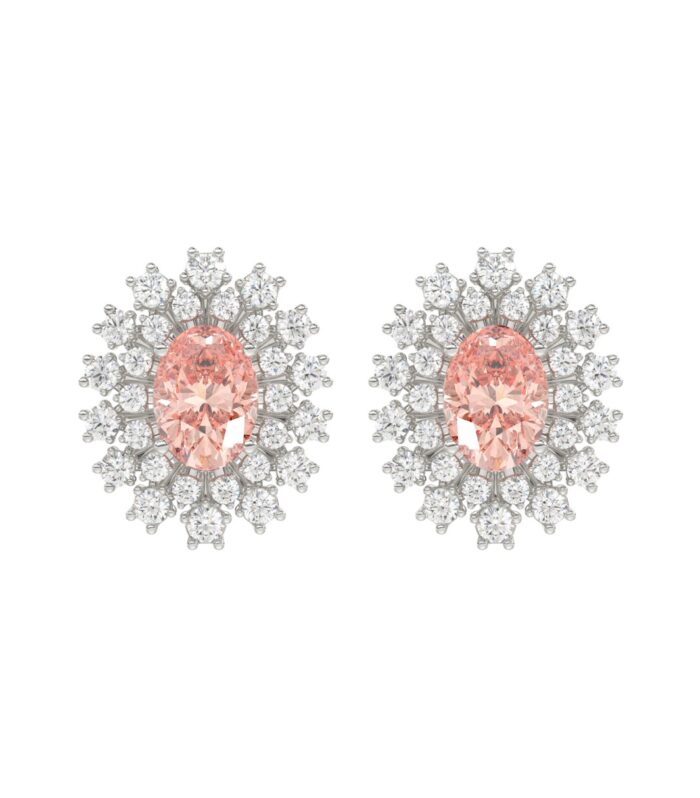 14K WHITE GOLD CRAFTED WITH 18K YELLOW GOLD BACK PLATE 1 1/2CT ROUND/PINK OVAL  DIAMOND LADIES EARRINGS