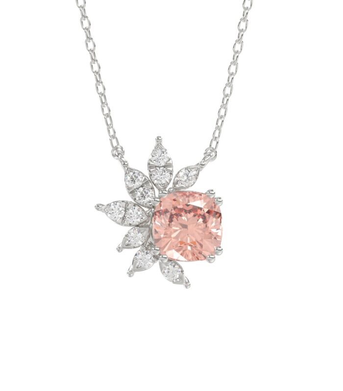 14K WHITE GOLD CRAFTED WITH 18K YELLOW GOLD BACK PLATE 1/10CT ROUND/PINK CUSHION DIAMOND LADIES NECKLACE WITH CHAIN