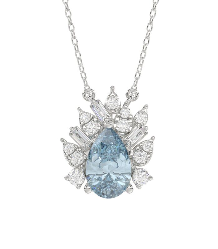 14K WHITE GOLD CRAFTED WITH 18K YELLOW GOLD BACK PLATE 1 1/4CT ROUND/BLUE PEAR/BAGUETTE DIAMOND LADIES NECKLACE WITH CHAIN