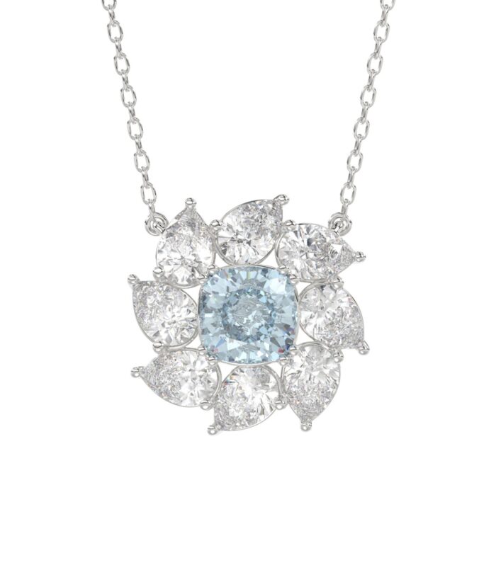 14K WHITE GOLD CRAFTED WITH 18K YELLOW GOLD BACK PLATE 2CT PEAR/BLUE CUSHION DIAMOND LADIES NECKLACE WITH CHAIN